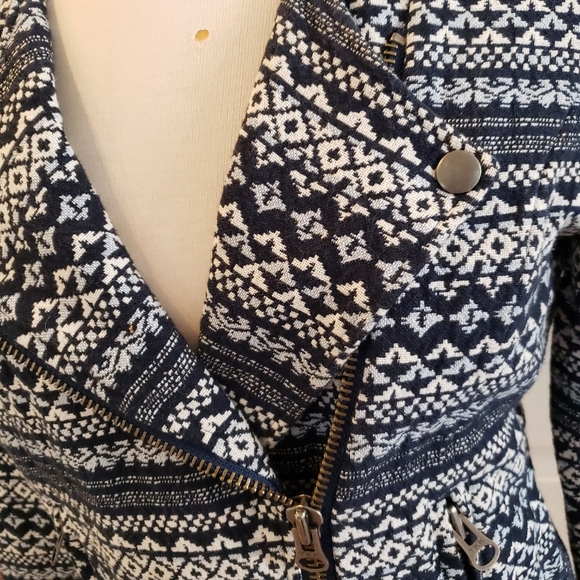 Joie Aztec Print Navy & White Jacquard Moto Jacket - Picture 5 of 9